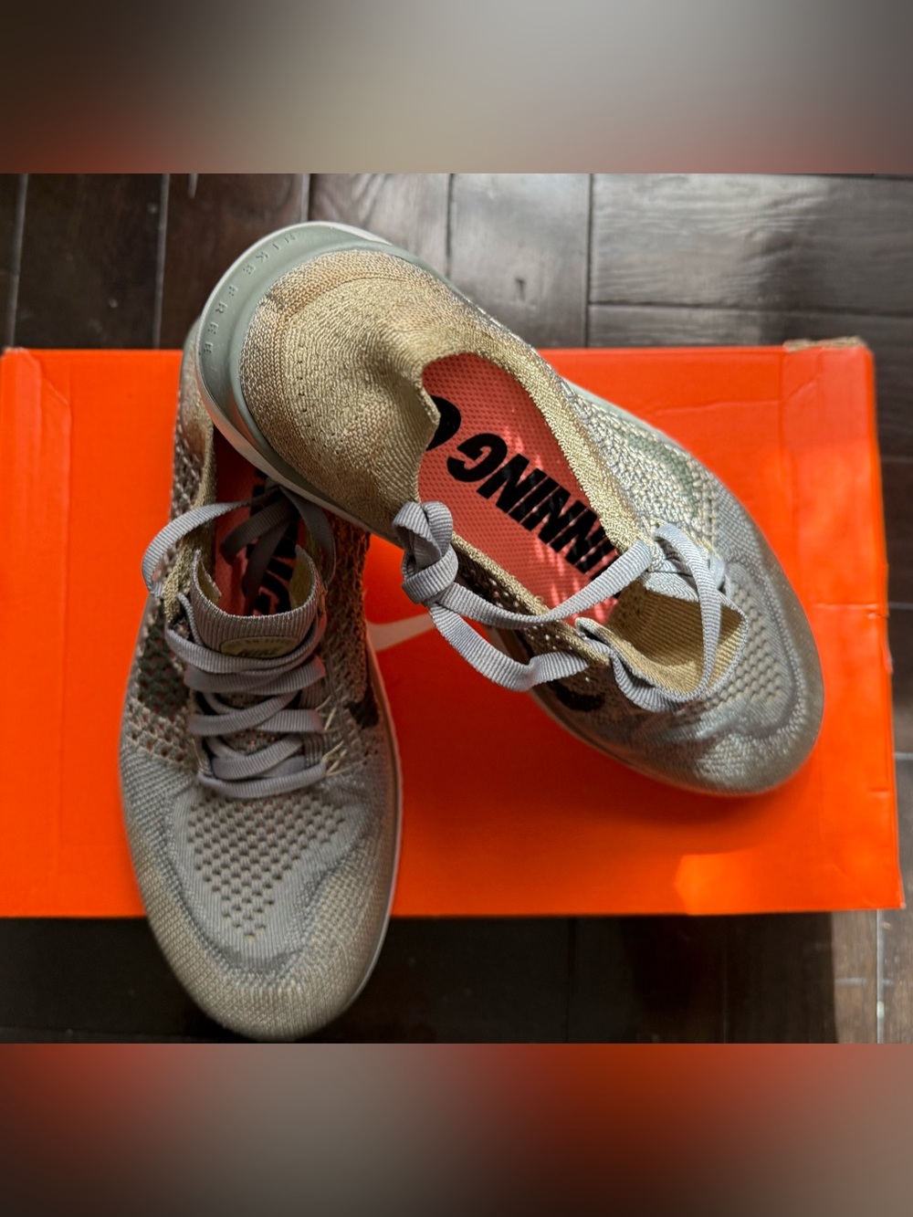 NWT Nike Women’s Gold and Gray Flyknit Running Sneakers